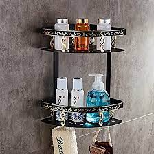 2 Shelves Shower Shelf Aluminium Bathroom Shelf Corner Shelf Shower Basket Hook for Kitchen Household Living black product model : M 28